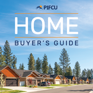 home buyer's guide with houses and pine trees