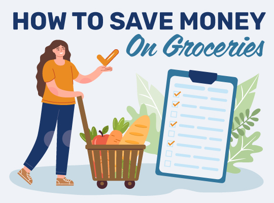 how to save money on groceries with a woman holding a check mark and shopping cart